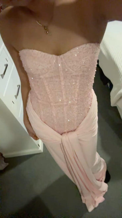 Shiny Sweetheart Neck Chiffon Beaded Long Evening Dress Pink Mermaid Long Prom Gown D4498