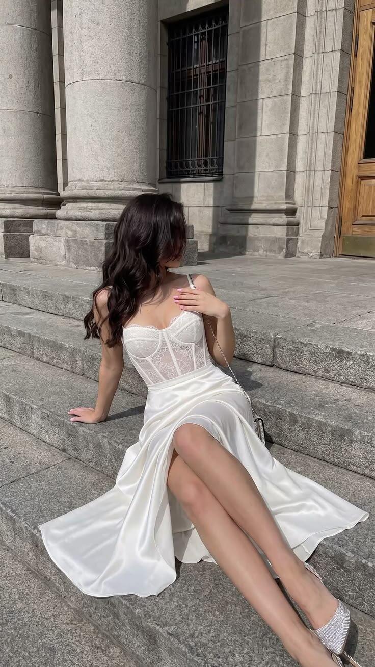 Elegant Spaghetti Straps Lace Satin Long Wedding Guest Dress,White Mermaid Evening Dress D3762