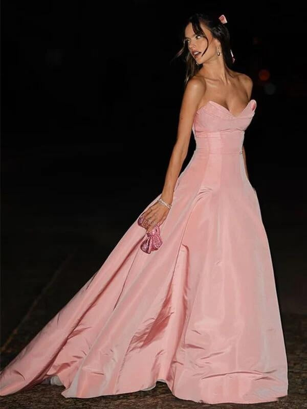 Pretty Strapless V Neck Long Wedding Guest Dress Pink Long Evening Dress D4491