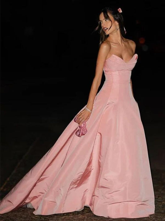 Pretty Strapless V Neck Long Wedding Guest Dress Pink Long Evening Dress D4491
