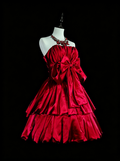 Fairy Bow Satin Layered A Line Short 17th Birthday Outfits,Red Short Party Dress D4066