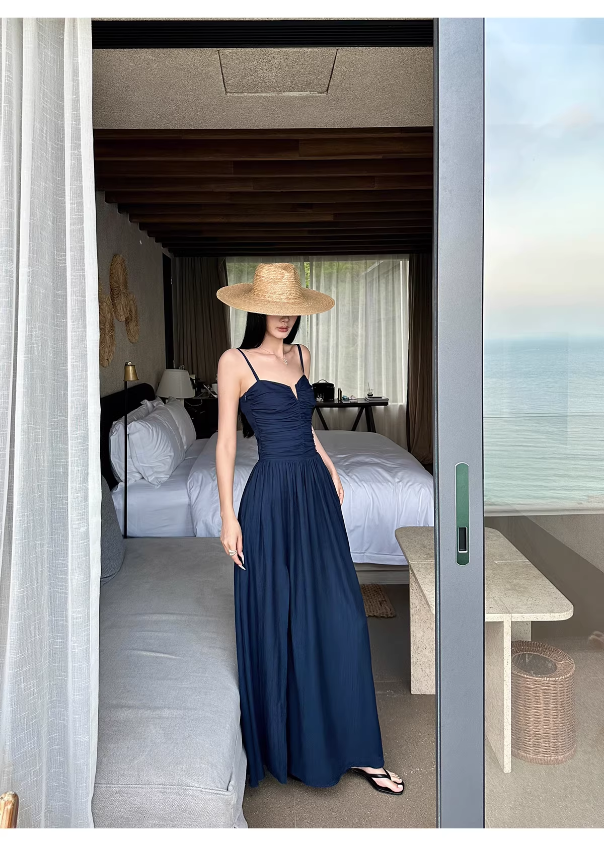 Elegant Spaghetti Straps Satin A Line Slit Evening Dress Navy Blue Long Birthday Party Dress With Pockets D2084