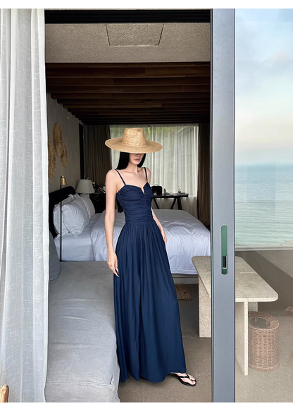 Elegant Spaghetti Straps Satin A Line Slit Evening Dress Navy Blue Long Birthday Party Dress With Pockets D2084