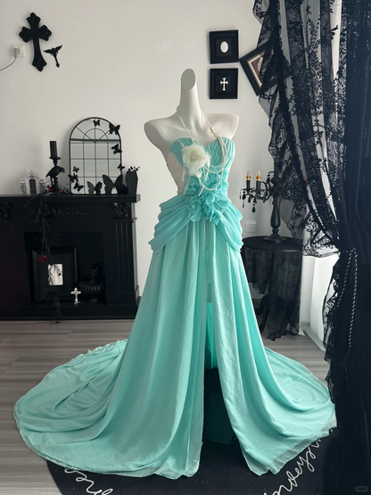 Classy Strapless Mint Green Lace Chiffon Prom Dress Sweetheart Neck High Slit Long Evening Gown D3718