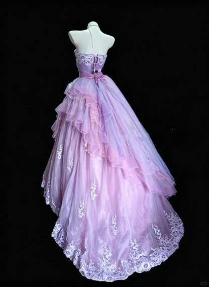 Classy Lavender Tulle Appliques Satin Long Evening Dress Sweetheart Neck Birthday Party Dress D5289