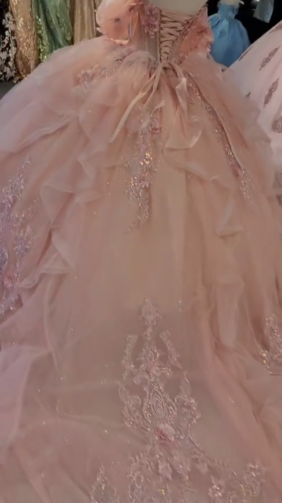 Charming Pink Off The Shoulder Tulle Sequin Appliques Princess Quinceanera Dress Sweet 17 Dress D1633