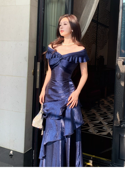 Stylish Navy Blue Off The Shoulder Satin Layered Ruffles Mermaid Long Evening Dress Prom Gown D2183