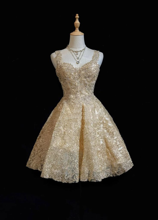 Gorgeous Sweetheart Neck Gold Lace Short Party Dress Formal 8th Grade Homecoming Dress Homecoming Outfits  S913