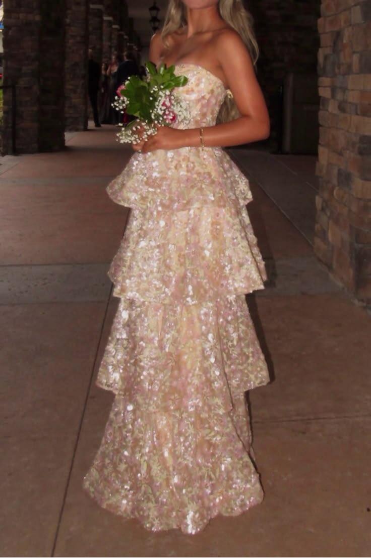 Glamorous Strapless Satin Tulle Sequin Layered Long Party Dress Evening Dress D4416