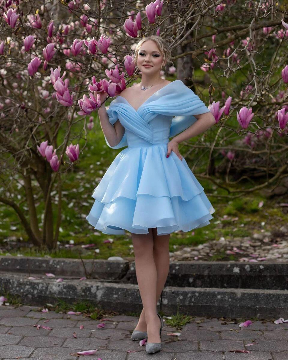 Sweet Off The Shoulder Tulle Short 18th Birthday Outfits,Blue Short Graduation Homecoming Dress D4462