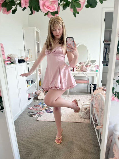 Cute Spaghetti Straps Satin A Line Short Graduation Homeocming Dress,Pink Short Party Dress D4118