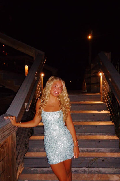 Glitter Spaghetti Straps Blue Sequin Sheath Mini Cocktail Dress Short 8th Grade Homecoming Dress D4099
