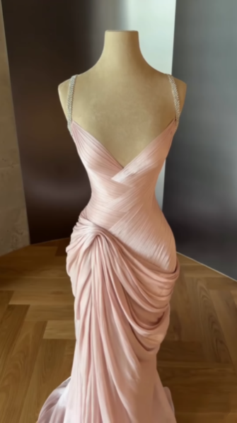 Elegant Pink Spaghetti Straps Satin Pleated Mermaid Long Party Dress Evening Dress D2978