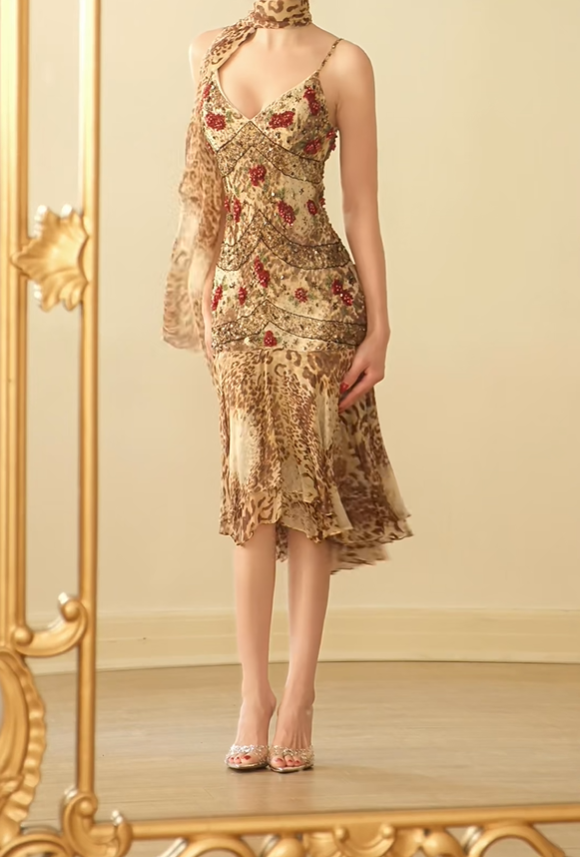 Vintage Spaghetti Straps Leopard Print Beaded Chiffon Mermaid Prom Dress Evening Dress With Scarf D2751