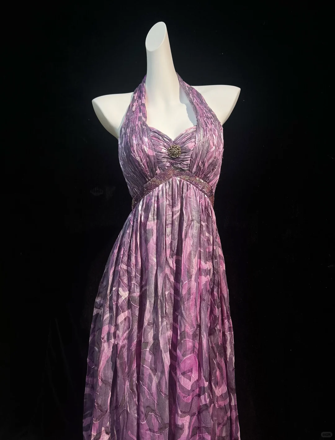 Unique Halter Purple Tulle Print Floral A Line Evening Dress Long Wedding Guest Dress D3123