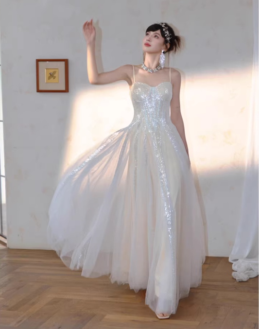 Classy Light Apricot Spaghetti Straps Tulle Sequin A Line Long Party Dress Evening Dress D2409