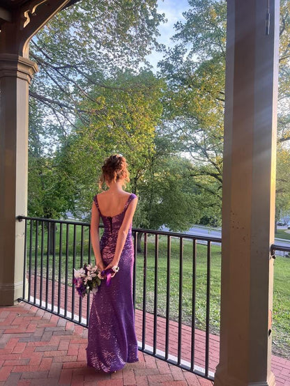 Elegant Square Neck Sequin Long Party Dress Purple Slit Mermaid Evening Dress D5298