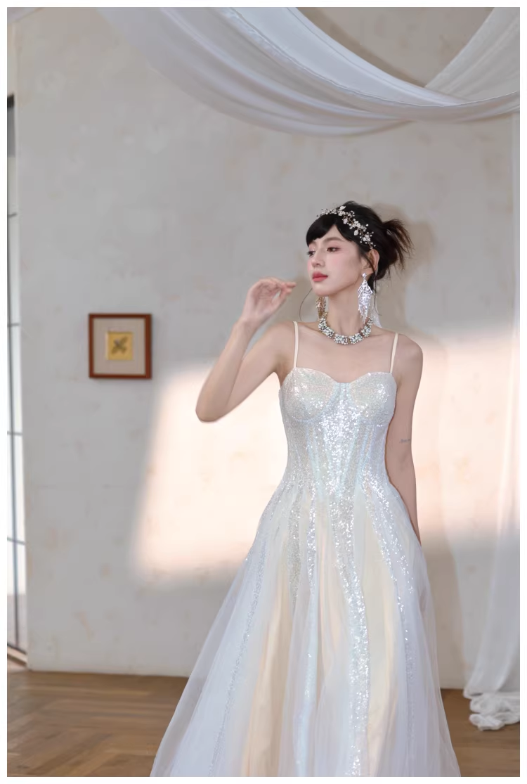 Classy Light Apricot Spaghetti Straps Tulle Sequin A Line Long Party Dress Evening Dress D2409