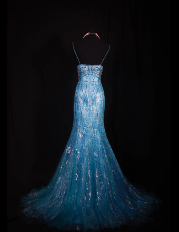 Glamorous Spaghetti Straps Blue Lace Beaded Mermaid Long Evening Dress Party Gown D2244