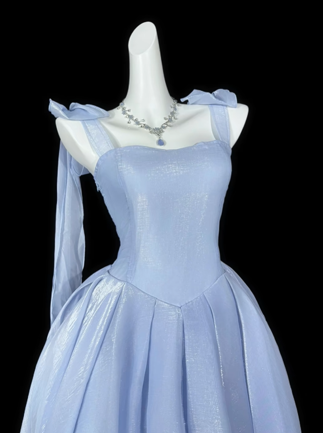 Cute Bow Straps Blue Satin A Line Short 19th Birthday Outfits,Mini Birthday Party Dress D4165