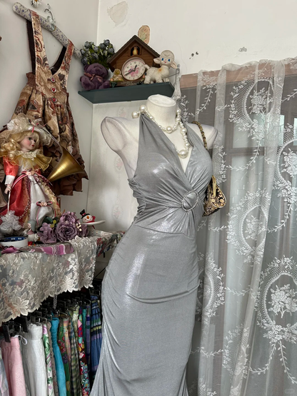 Sexy Silver Gray Halter V Neck Mermaid Long Evening Dress Party Gown D2883