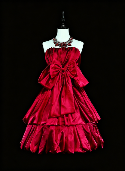 Fairy Bow Satin Layered A Line Short 17th Birthday Outfits,Red Short Party Dress D4066