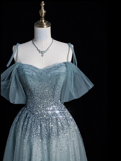 Charming Off The Shoulder Tulle Beaded A Line Long Birthday Prom Dress Blue Long Party Dress D4845