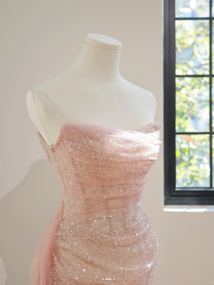 Glitter Pink Strapless Sequin Pleated Mermaid Long Wedding Guest Dress Formal Birthday Evening Dress D2147