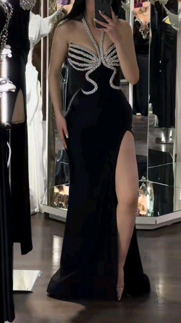 Fashion Halter Satin Beaded Slit Mermaid Evening Dress Black Party Dress D5156