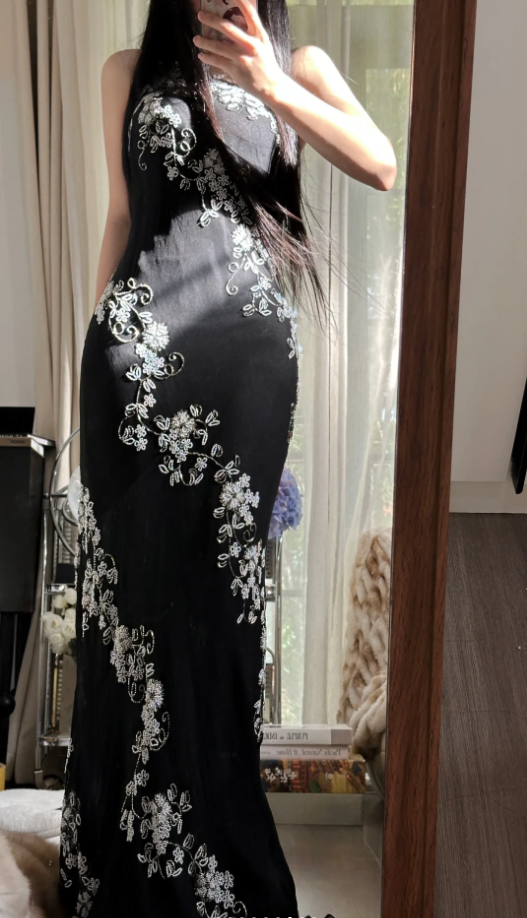 Classy One Shoulder Black Chiffon Beaded Mermaid Long Party Dress Evening Gown D2304