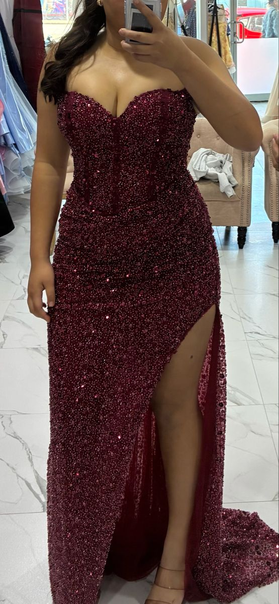 Sexy Burgundy Sequin Slit Mermaid Long Evening Dress Prom Gown D2861
