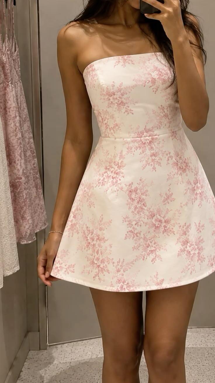 Charming Pink Strapless Satin Print Floral A Line Short Homecoming Dress Birthday Outfits D4336