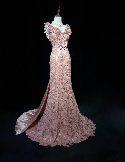 Pretty Pink V Neck Lace Mermaid Birthday Prom Dress Long evening Dress Party Gown D2063