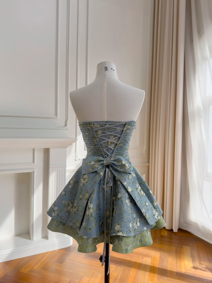 Pretty Blue Strapless Satin Print Floral Pleated A Line Short 8th Grade Homecoming Dress Birthday Outfits D2952