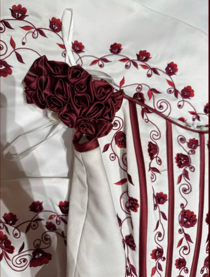 Unique Off The Shoulder Ball Gown White Satin Embroidery Flowers Long Birthday Party Dress Prom Gown D2037