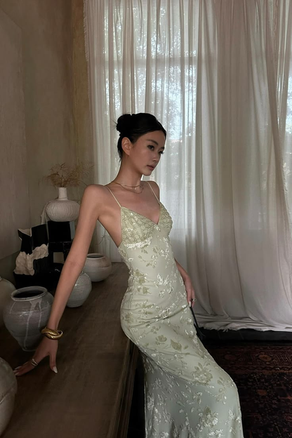 Pretty Spaghetti Straps Satin Floral Beaded Long Party Dress Sage Green Mermaid Long Evening Gown D4917