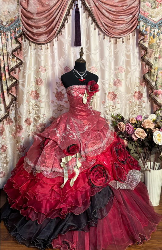 Beautiful Red Quinceanera Dress Strapless Tulle Appliques Layered Ball Gown With 3D Flowers D2193
