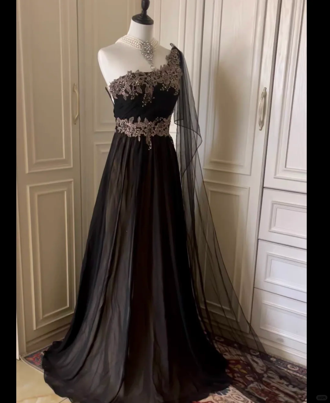 Vintage Black Tulle Appliques Beaded Mermaid Evening Dress,One Shoulder Long Wedding Guest Dress D3092