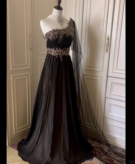 Vintage Black Tulle Appliques Beaded Mermaid Evening Dress,One Shoulder Long Wedding Guest Dress D3092