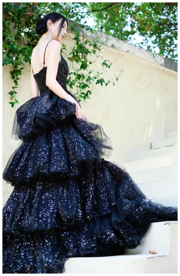 Sparky Black Spaghetti Straps Tulle Sequin Layered Long Birthday Evening Dress Party Dress D2427