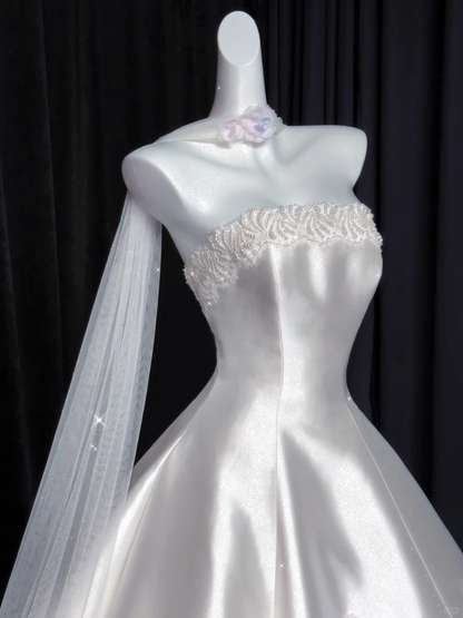 Glamorous White Strapless Satin Beaded Floral Long Wedding Dress Bridal Dress D3080