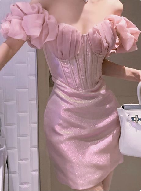 Classy Off The Shoulder Sheath Short Homecoming Dress Pink Sweetheart Neck Mini Party Dress S752