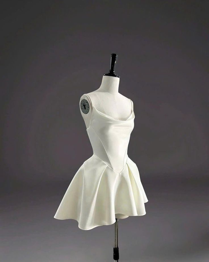 Simple Spaghetti Straps White Satin A Line Birthday Outfits Short Formal 7th Grade Homecoming Dress D026