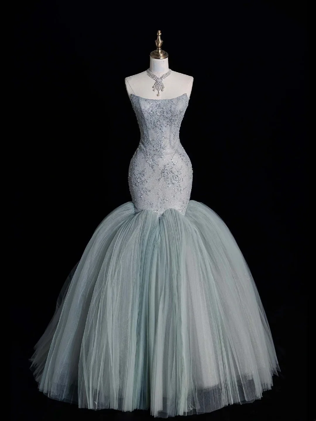 Modest Strapless Dusty Blue Tulle Beaded Mermaid Long Prom Dresses Party Dress D4521