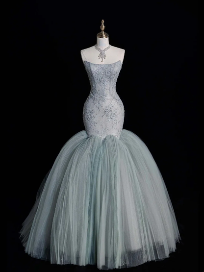 Modest Strapless Dusty Blue Tulle Beaded Mermaid Long Prom Dresses Party Dress D4521