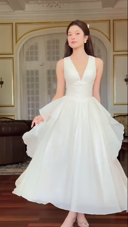 Charming V Neck Chiffon Ruffle White Long party Gown Formal Evening Dress D810