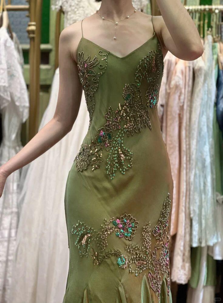 Vintage Spaghetti Straps Olive Green Satin Chiffon Beaded Mermaid Long Party Dress Backless Prom Gown D3479