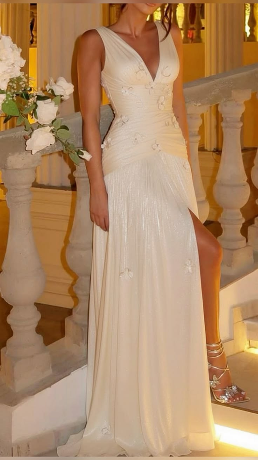 Elegant V Neck Sleeveless Tulle Appliques Slit Party Gown Mermaid Long Evening Gown D2905