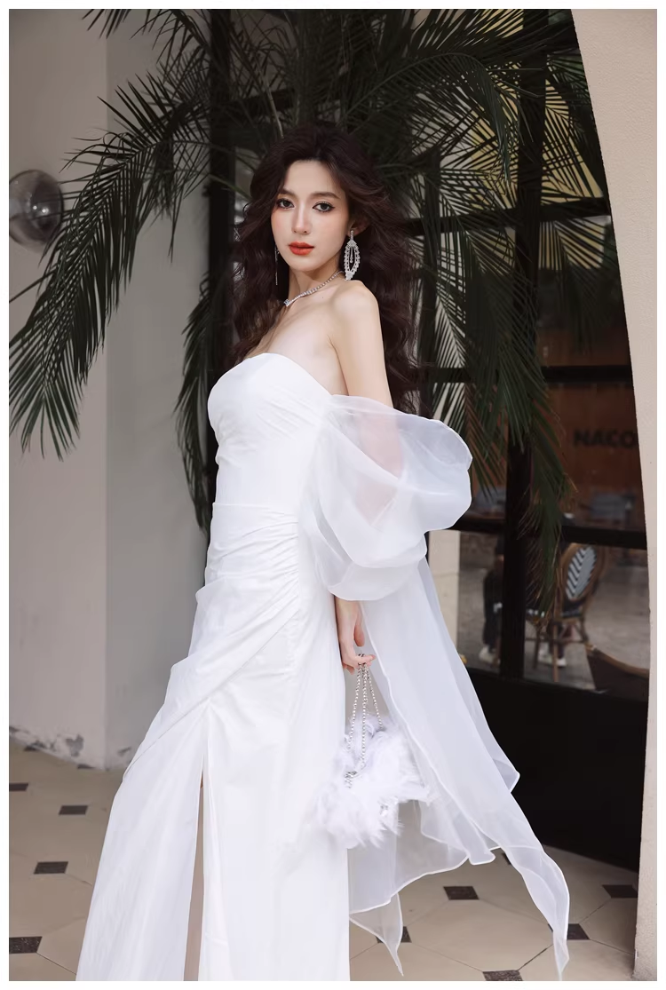 Classy Off The Shoulder White Satin Slit Mermaid Long Party Dress Birthday Evening Dress D2421