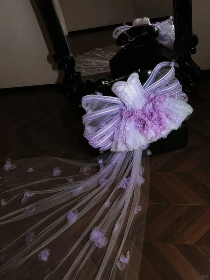 Charming Sweetheart Neck Tulle Beaded Short 16th Birthday Outfits,Purple Homecoming Dress With Bow D3062